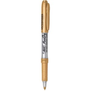 A metallic gold permanent marker with a textured grip and a clip, featuring branding on the barrel.