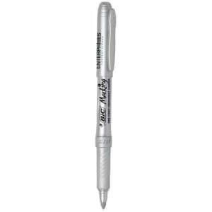 A metallic silver permanent marker with a textured grip and a cap, featuring a logo on the barrel.