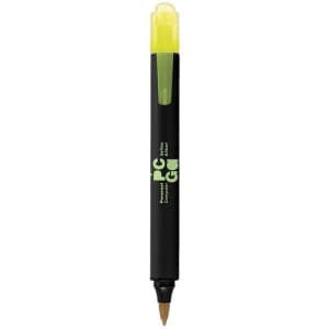 A black pen with a green cap and highlighting tip, featuring a logo on the barrel.