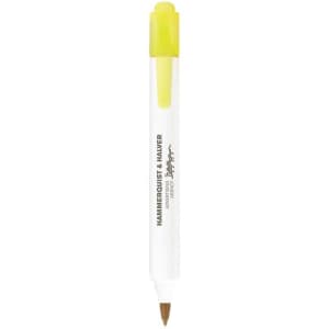 A two-sided pen with a yellow cap and a fine tip, featuring a logo on its body.