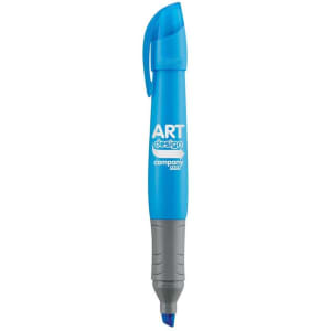 A blue highlighter pen with a grey grip, featuring a logo.