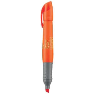 An orange highlighter pen with a grey grip and a branding logo on the side.