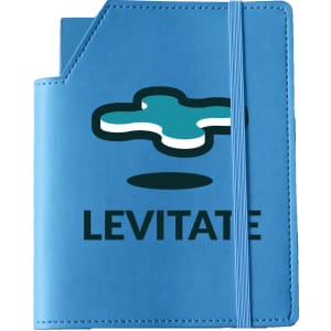 A blue leatherette small cover with a logo and a notebook inside, featuring an elastic band closure.