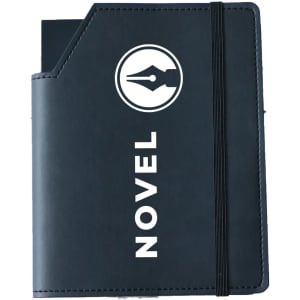 A black leatherette notebook cover with an elastic band and a logo. It features a sleek, professional design.