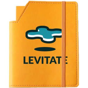 An orange leatherette cover with an elastic band, featuring a logo and a small pocket for notes or cards.
