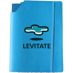 A turquoise leatherette notebook cover with an elastic band and a pocket, featuring a logo on the front.