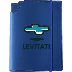 A blue leatherette notebook cover with an elastic strap and a pocket, featuring a logo on the front.
