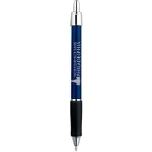 A metallic blue pen with silver accents, featuring a black grip and a branding logo.