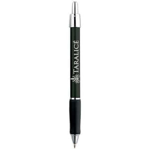 A metallic pen in black with silver accents and a logo on the barrel.
