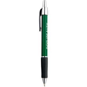 A metallic green pen with a black grip and chrome accents. It features a branding logo.