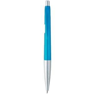 A metallic blue pen with a silver grip and a clip, featuring a logo on the body.