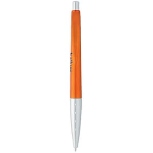 A metallic pen with an orange upper section and a white, textured lower section, featuring a logo.