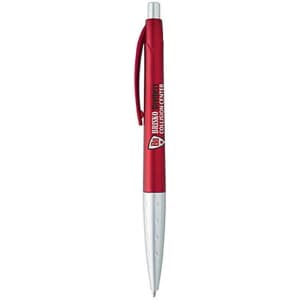 A red metallic pen with a white clip and grip, featuring a branding logo on the barrel.