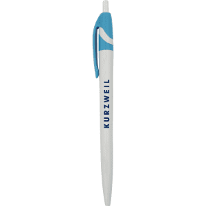 A plastic pen in white with a blue clip, featuring a logo.