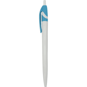 A plastic pen featuring a white body with a blue clip and top. It also has a logo on the side.