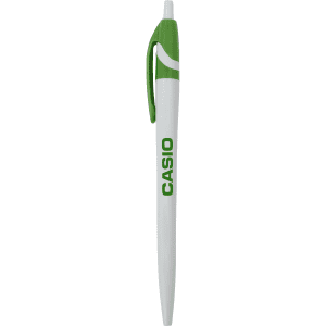 A plastic pen in white and green with a clip and a branding logo on the barrel.