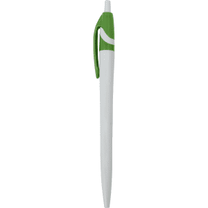 A plastic pen in white and green, featuring a clip and a smooth design, with a logo on the side.