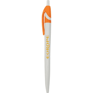 A plastic pen featuring a white body and an orange clip, with a logo displayed on the side.