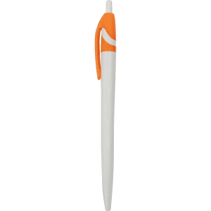 A plastic pen in white and orange, featuring a simple, modern design with a pocket clip. It has a brand logo.