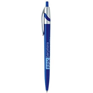 A blue plastic pen with a silver clip and a logo on the body.