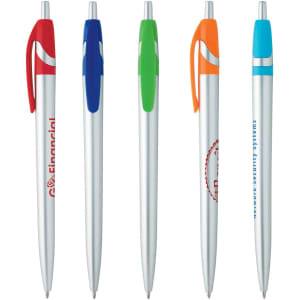 A collection of five silver metal pens with coloured accents in blue, green, orange, and turquoise. Each pen features a logo.
