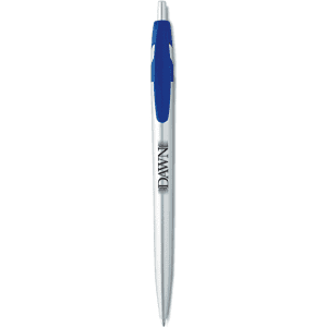 A metal pen in silver with a blue accent and a logo on the barrel.