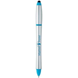 A stylus highlighter pen combo in silver and blue with a branding logo.