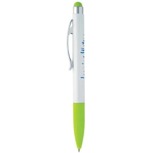 A green and white stylus pen with a silver clip and a logo.