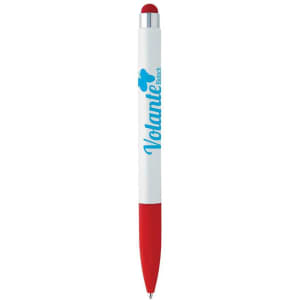 A red and white stylus pen with a silver tip and a logo on the barrel.