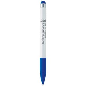 A blue and white stylus pen featuring a silver clip and logo branding.