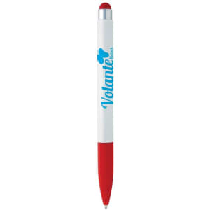A stylus pen featuring a white barrel and red accents, including a rubber tip, with a logo on the side.