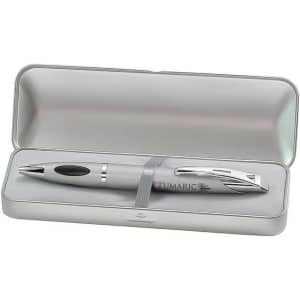 A silver brushed metal gift box containing a silver pen with a black grip. The box features a logo.