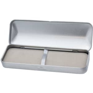 A brushed metal gift box in silver, featuring a soft interior and a securing strap, designed for pen packaging.