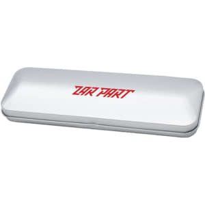 A sleek brushed metal gift box in silver, designed for pen packaging, featuring a logo.