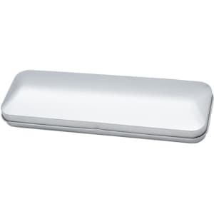 A brushed metal gift box in silver, ideal for packaging pens. It has a sleek, rectangular shape and a branded logo.