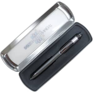 A matte metal gift box with a black pen inside, featuring a sleek design and a logo on the lid.