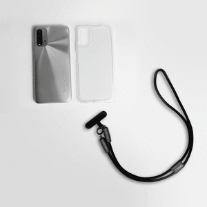 A grey smartphone, a clear phone case, and a black data and charging lanyard are displayed together.