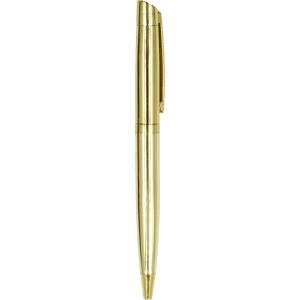 A golden metal ballpoint pen featuring a sleek design and a pocket clip. It has a logo on the barrel.