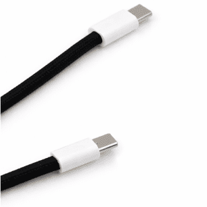 A black charging lanyard with two USB connectors at each end, featuring white accents.