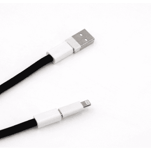 A black charging lanyard with white connectors at both ends, featuring a USB and a Lightning connector.