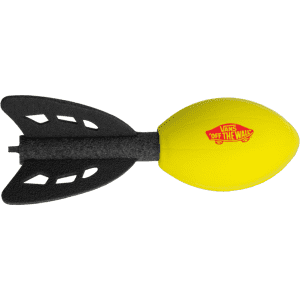 A yellow football-shaped toy with a black tail fin, featuring a logo on one side.
