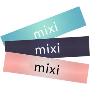 Three glossy paper stickers in gradient shades of blue, black, and pink, each featuring the word "mixi" in white.