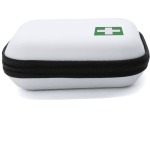 A compact white first aid kit with a green cross logo and a black zipper.