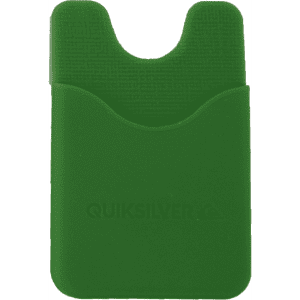 A green silicone phone wallet with a textured top and a logo. It has a sleek, minimalist design.