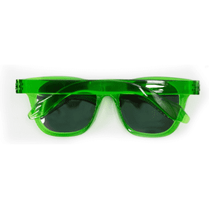 A pair of bright green polarised sunglasses with a sleek design and dark lenses. Features a logo on the frame.