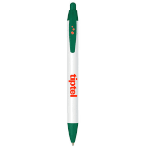 A plastic pen with a white barrel and green accents, featuring a logo on the side.