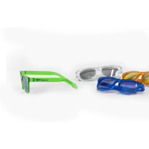 A collection of summer sunglasses in green, blue, clear, and orange, featuring a logo on one pair.