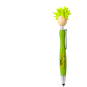 A green pen with a stylus features a mop head design and a playful character with bright green hair.