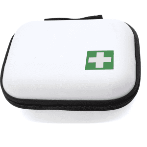 A compact white first aid kit with a green cross, featuring a zippered closure and a sturdy design.