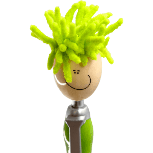 A quirky pen with a smiling face and bright green mop head-like strands, featuring a silver clip.